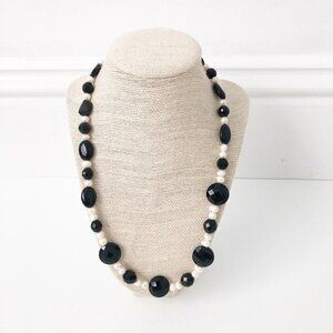 NWT Genuine Black Onyx, Pearls & Black Crystal Necklace Beaded Black White